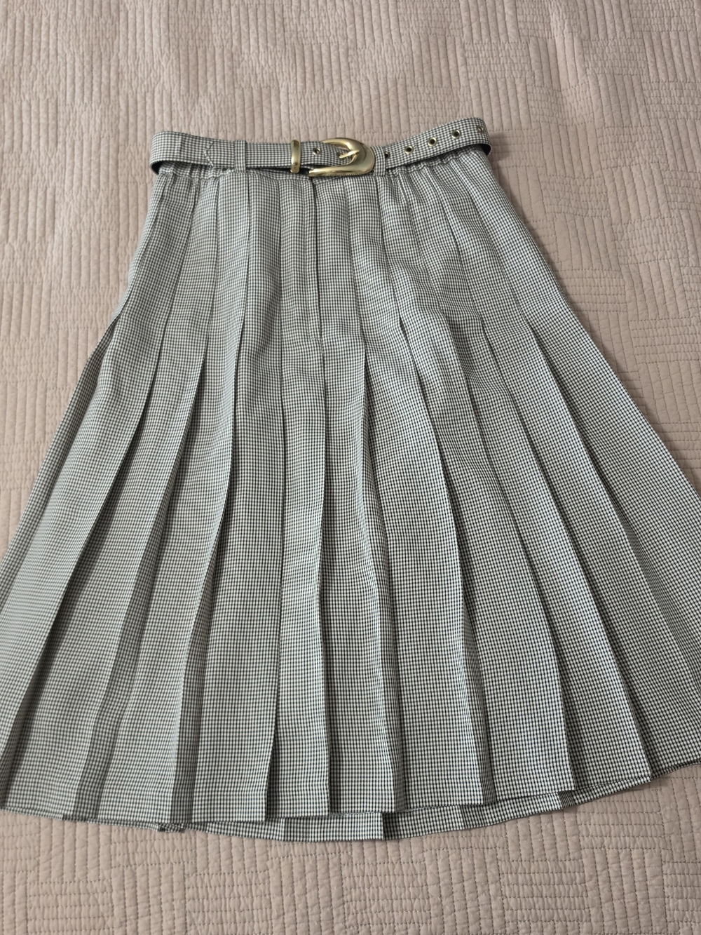 Pleated Houndstooth A-Line Skirt with Belt